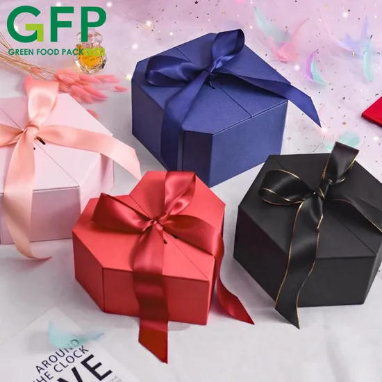 Valentine Day Birthday Hexagon Rigid Cardboard Packing Box with Ribbon Perfume Cloth Jewelry Black Red Pink Gift Packaging Box 