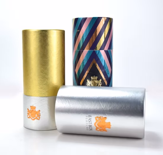 High Value Gift Packaging Attractive Design Fashion Tinplate Olive Oil Glass Bottle Packing Paper Tube Cardboard Box Custom Gold Foil Stamping Cylinder